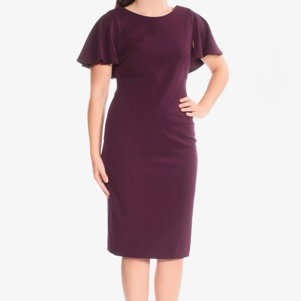Calvin Klein Purple Flutter‎ Sleeve Ruffle Cape V Back Crepe Sheath Dress Size 6